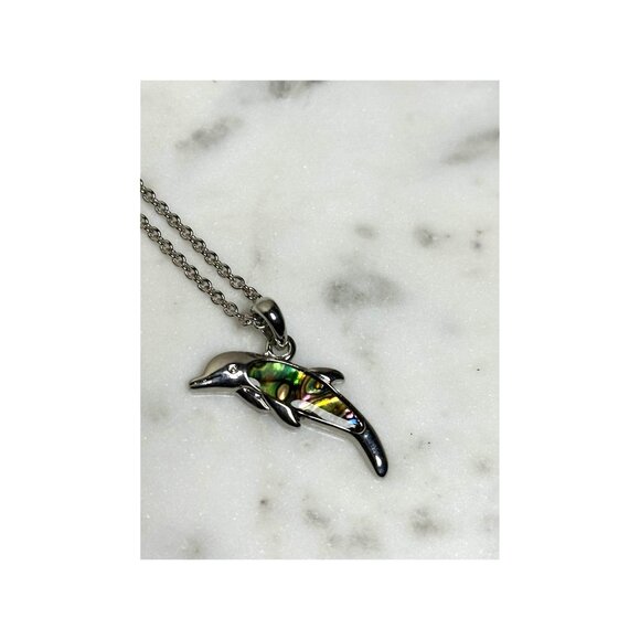 Dolphin Pendant Necklace With Abalone Inlay On Silver Chain - Picture 1 of 6